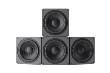 Four gray square subwoofers in a pyramid formation