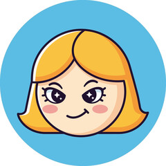 Fototapeta premium Smiling cartoon girl with blonde hair and rosy cheeks on blue background