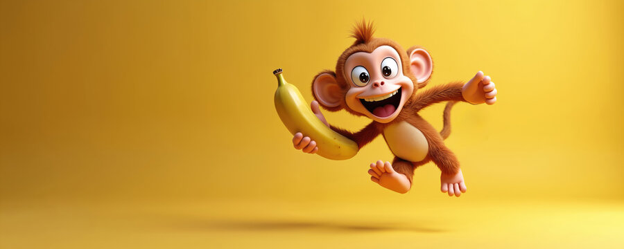 Cartoon monkey with banana jumps. Happy primate character with fruit in paw, joyfully running on yellow background. Energetic mascot for kids content.