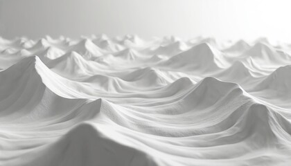 Abstract white topography map with rolling hills and valleys. Smooth wavy texture creates a sense of depth and movement. Clean, modern design for backgrounds and overlays.