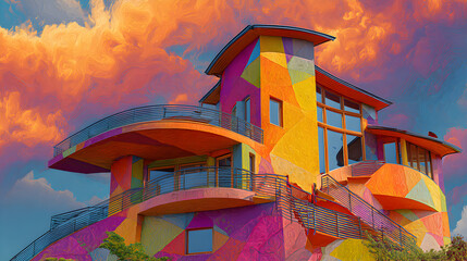 dise&ntilde;o surrealista de una casa futurista moderna vanguardista con ventanales acogedora y extra&ntilde;a dise&ntilde;o de estilo geometrico