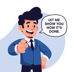 Confident businessman showing expertise with a smile and a gesture