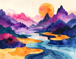 Watercolor Painting of Mountains and River Landscape.