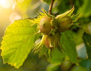 Hazelnuts Growing on Tree Branch with Leaves.