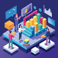 Business Analytics and Teamwork Isometric Illustration with Professional People Monitoring Growth Charts and Data Statistics on a Large Digital Platform