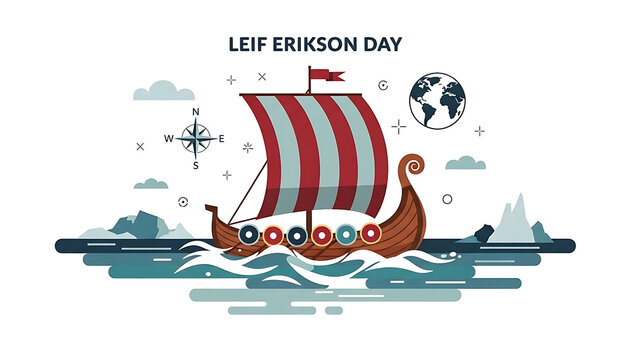 A colorful illustration of a Viking ship sailing through the ocean on Leif Erikson Day