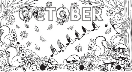 Obraz premium Squirrels playing in a forest with leaves falling from trees in October