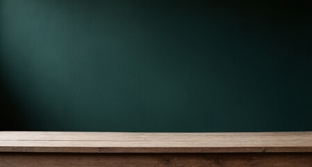 wooden table and Dark green grungy wall background