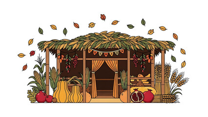 Obraz premium A colorful illustration of a sukkah decorated with autumnal fruits and leaves for a Jewish holiday celebration
