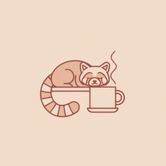 Obraz premium Resting red panda near a coffee mug illustration