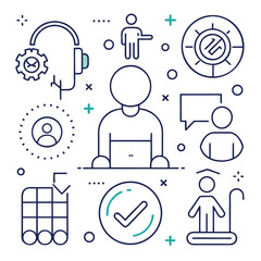 Customer Support and Help Desk Services Line Icon Set with Headset Operator and Communication Symbols for Business Assistance