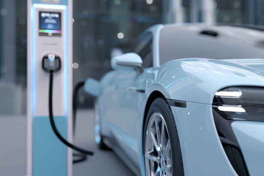Une voiture &eacute;lectrique connect&eacute;e &agrave; une borne de recharge.