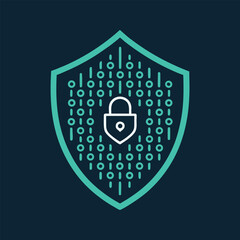 Information Security Shield with Binary Code and Padlock Icon Representing Data Encryption and Cyber Protection
