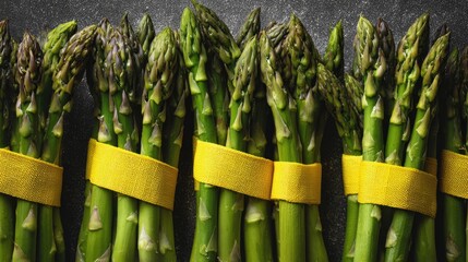 Fresh asparagus spears with vibrant green color and yellow bands on dark background