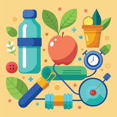 Healthy Lifestyle and Fitness Flat Lay Illustration with Apple Water Bottle Dumbbell and Exercise Equipment for Wellness