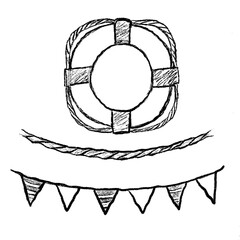 Pencil sketch of nautical clip art sea design elements isolated on white.