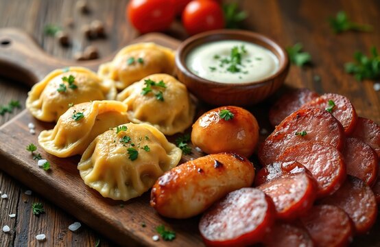 Polish dumplings pierogi and kielbasa sausage served on wooden board with sour cream dip. Hearty traditional food meal with tomatoes and parsley garnish. Delicious cuisine.