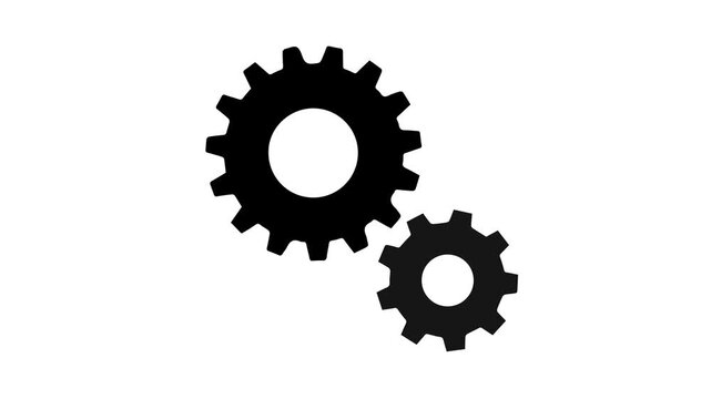 Minimal animated video of black gears and cogs isolated on white background.