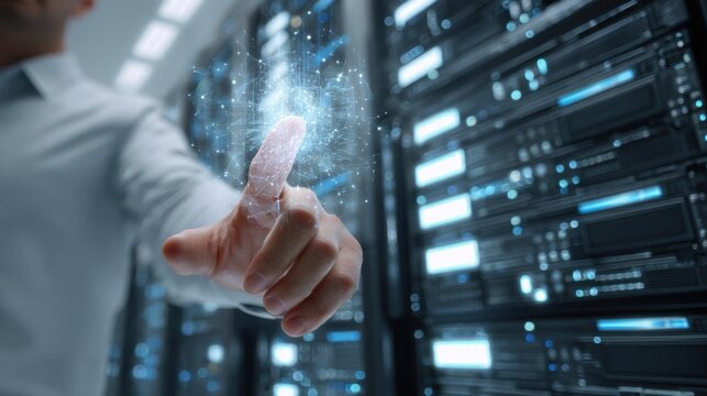 Man interacting with futuristic digital network in data center - Powered by Adobe