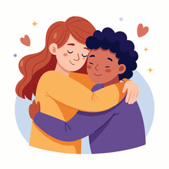Heartwarming flat illustration of two diverse friends embracing in a warm hug, symbolizing friendship, love, emotional support, and unity.