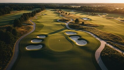 Aerial view of a golf course with fairways, bunkers, and surrounding trees at golden hour