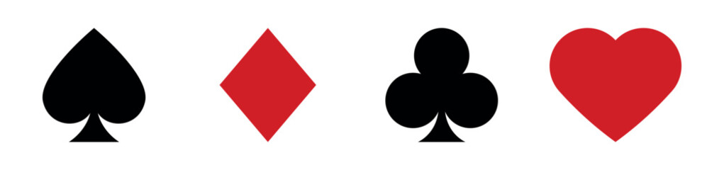 Four playing card suits icons set featuring a black spade and diamond and a red club and heart arranged horizontally in a clean, minimalist graphic design style