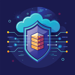 Cybersecurity and data protection concept illustration with a digital shield protecting cloud servers and circuit patterns, symbolizing network safety.