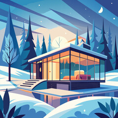 Contemporary architecture illustration of a modern glass house nestled in a snowy forest at twilight with glowing interior lights, creating a peaceful winter scene.