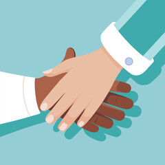 Close-up illustration of a multi-ethnic handshake representing racial equality, diversity, inclusion, and successful business partnership or agreement.