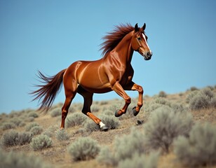 Obraz premium Brown horse gallops across dry grass field under bright blue sky. Wild equine animal moves fast over sagebrush terrain. Mane and tail stream behind its powerful body. This majestic creature runs free.