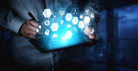 Hexagon interface combining AI, data, analytics, and cybersecurity. AI connects systems, data drives analytics, data supports decisions, and AI enables smart business infrastructure. Vouch