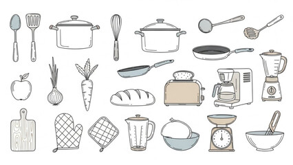 Kitchen essentials and ingredients for cooking and baking