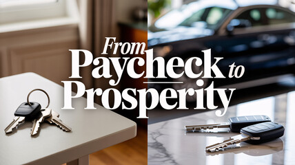 From paycheck to prosperity financial growth concept with car and house keys text "From Paycheck to Prosperity"

