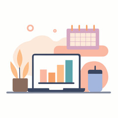 Minimalist flat illustration of a digital workspace with a laptop showing growth charts, a desk plant, and a calendar for productivity and business planning.