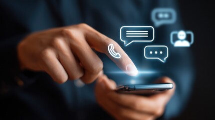 Person using smartphone with communication icons