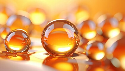 Macro view of translucent amber liquid spheres resting on a glossy surface with warm golden lighting creating soft circular reflections