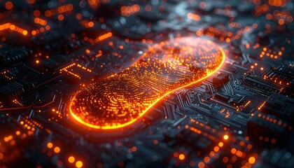 Biometric fingerprint scan glowing with orange light on a complex dark blue circuit board for digital security