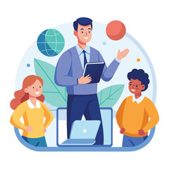 Educational illustration of a male teacher mentoring diverse students in a modern classroom setting with global learning symbols and books.