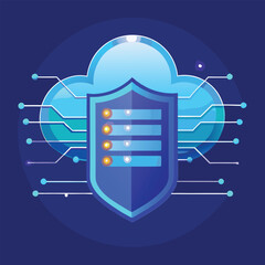 Cybersecurity and Cloud Computing Data Protection Concept with Blue Shield Icon and Digital Circuit Board Pattern for Network Privacy and Server Security
