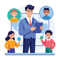 Professional Business Mentor or Teacher Leading a Diverse Group of Students for Career Development and Workplace Training Illustration