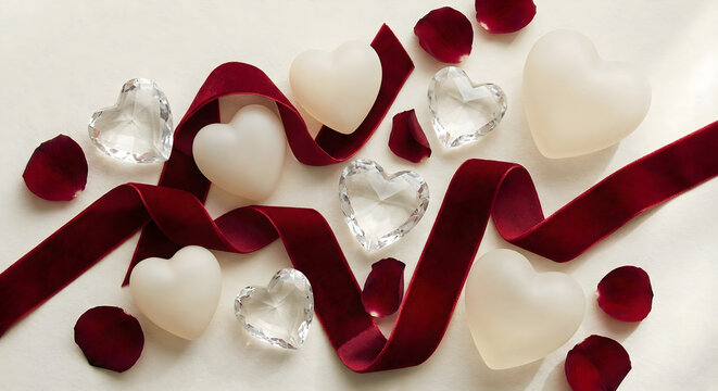 Romantic flat lay with glass hearts velvet ribbon and rose petals background copy space.