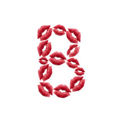 Isolated piece reveals a capital Letter "B" through clever negative space. The form emerges from the precise gaps between a cluster of vibrant red lipstick kiss marks on whiter background	