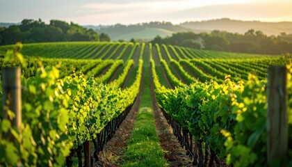 Vast rows of green grapevines stretching toward distant hills under soft morning sunlight in lush rolling vineyard