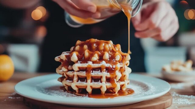 Syrup pouring over stack of waffles on plate with bokeh background