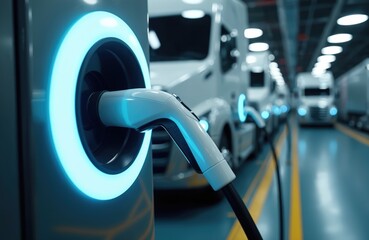 Electric trucks charge at depot. Futuristic charging station with blue lights. Fleet of eco friendly vehicles power up for future logistics. Clean energy supply.