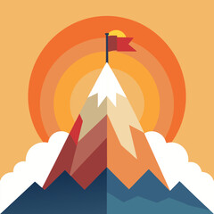 Business Success and Achievement Concept Featuring a Red Flag at the Snowy Peak of a Mountain During a Vibrant Sunset or Sunrise