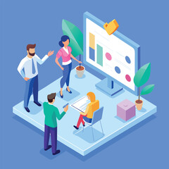 Business Intelligence and Data Monitoring Isometric Illustration with a Corporate Team Reviewing Analytical Reports on a Large Computer Monitor