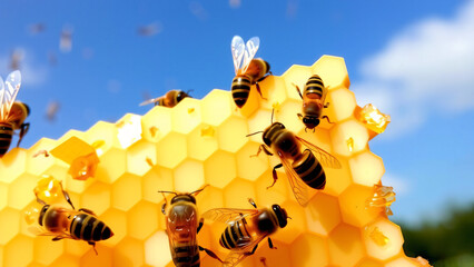 Flei&szlig;ige Honigbienen auf einer Honigwabe unter blauem Himmel