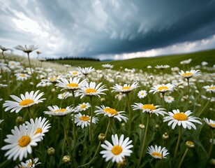 Daisy Field Under Stormy Sky: White Flowers With Yellow Centers In Meadow