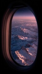 Fototapeta premium Snowy mountain range visible from an airplane window at sunset, with pink and purple light illuminating the jagged peaks. Concept Aerial winter landscape, Sunset alpenglow on snowy peaks